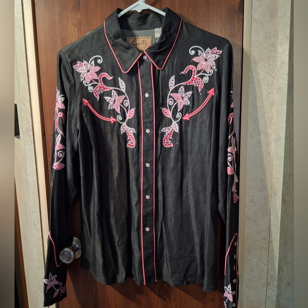 Scully Western Shirt Medium Embroidered Pearl Snap Ranch Rodeo Cowgirl Country